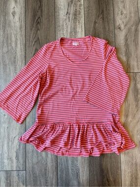 Iridium Feminine Ruffle Cotton Pink Stripe Peplum Top